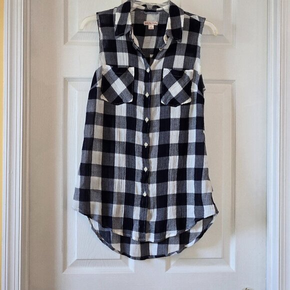Merona Women Dark Navy and White Plaid Button-Up Sleeveless Collared Top Size S - Picture 3 of 13